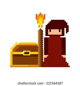 pixel character of videogame with treasure box over white background. Video game interface design. Colorful design. vector illustration