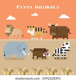 pixel characters, 8-bit avatar, animal, lion, tiger, yak, elephant, wild boar, zebra