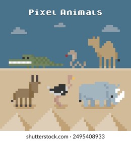 pixel characters, 8-bit avatar, animal, crocodile, snake, camel, antelope, ostrich, rhino