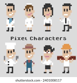 caracteres de píxel, avatar de 8 bits, doctor, enfermera, empresario, vendedor, chef, jardinero, profesor, trabajador