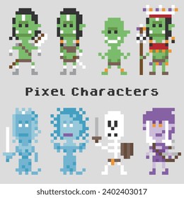 pixel characters, 8-bit avatar, fairy tale, orc, goblin, witch, ghost, banshee, skeleton, evil, elf