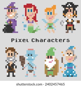 caracteres de píxeles, avatar de 8 bits, cuento de hadas, bruja, sirena, elfo, pirata, cazador, troll, enano, mago