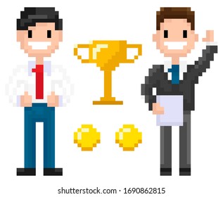 Pixel characters businessman with coins and trophy award vector, isolated man wearing business suit and tie smiling because of achievements, pixelated 8 bit graphics person