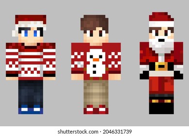 Pixel characters. Christmas costumes for the heroes of the game. Hero game concept. Game concept. Vector illustration 