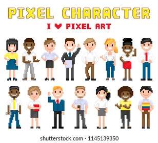 Pixel characters I love art. Isolated icons vector, poster with people smiling and waving hand friendly, 8 bit pixels group of men and women, boy and girls