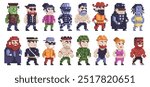 Pixel characters. Retro 8 bit video game people, pixel cute funny square human avatars, 16 bit male and female faces. Vector isolated set.