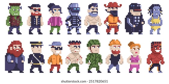 Caracteres de píxel. Video Retro 8 bit personas de juego, píxel lindo y divertido cuadrado avatares humanos, 16 bits caras masculinas y femeninas. Conjunto aislado de Vector.