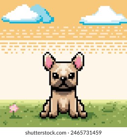 Pixel charm: French bulldog on the lawn under the sky. Immerse yourself in the magic of vector graphics, where every pixel comes to life, creating a warm and cozy atmosphere with your beloved pet.