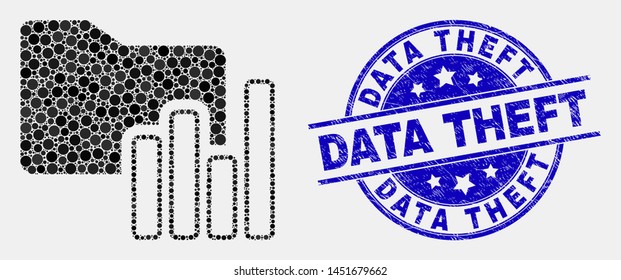 Pixel charts folder mosaic icon and Data Theft seal stamp. Blue vector rounded scratched stamp with Data Theft phrase. Vector collage in flat style.
