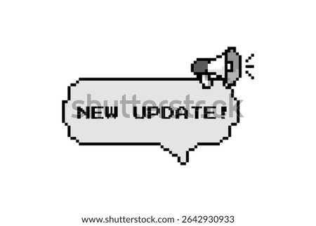 Pixel chat bubble with megaphone and "New Update!" label in 8-bit style. Ideal for banners, game UI, notifications, and retro-style alerts.
