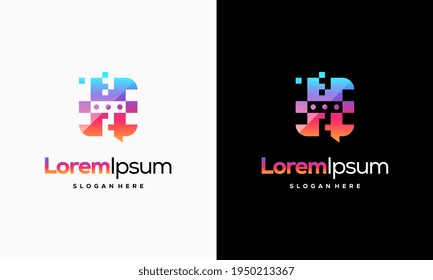 Pixel Chat Discutir los diseños de los logotipos vector, plantilla de logotipo de conversación
