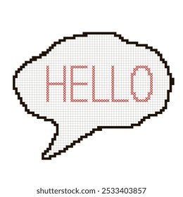 Pixel chat Hello. Comic speech bubble. Speak cloud vector illustration. Feedback emoticon. Funky talk cloud. Chat message graphic symbol, talk dialog bubbles. Word with crosses.