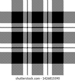 Pixel check fabric texture seamless black white pattern. Vector illustration.