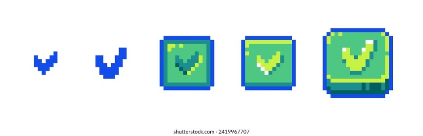 Pixel Check Icon Set for Retro Game UI. Retro 8-Bit Style Confirm and Complete Buttons