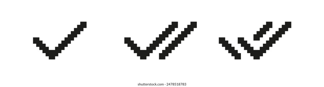 Pixel check mark. 8 bit double checkmark set. Retro vector twin tick isolated on white background. Delivered message read icon