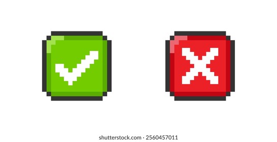 Pixel check mark and cross mark. 8-bit game icon. Vector isolated