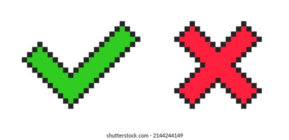 Pixel check mark and cross. Yes and no buttons. 8-bit Video game style. Vector illustration