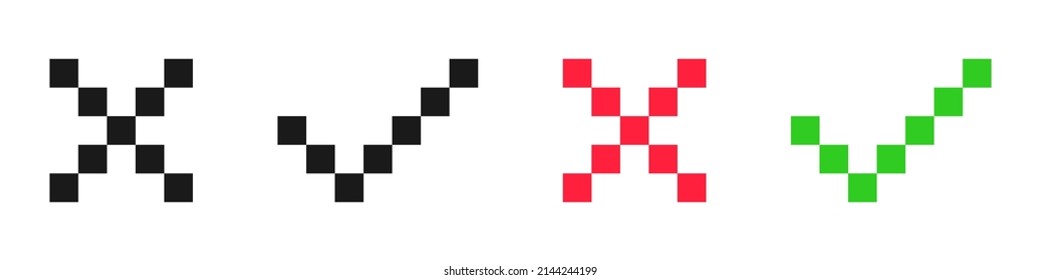 Marca de verificación de píxeles y cruz. Sí y no hay botones. Estilo de videojuego de 8 bits. Ilustración del vector