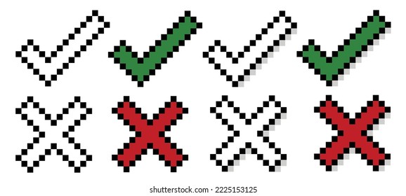 Pixel check mark and cross. Yes and no buttons. 8-bit Video game style. Vector illustration. check mark. red icon. green icon.