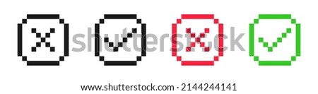 Pixel check mark and cross. Yes and no buttons. 8-bit Video game style. Vector illustration