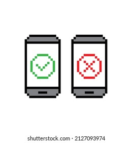 pixel check mark and X mark icons.  yes, no icon on smartphone   sign for 8 bit game