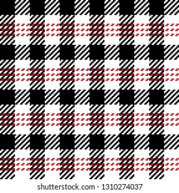 Pixel check plaid pattern in black, white, and red. Tartan checkered design. Seamless stitched texture background for jacket, coat, dress, scarf, or other fashion textile materials.