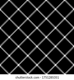 Pixel check plaid pattern in black and white. Seamless diagonal plaid for wrapping, packaging, or textile design.