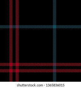 Pixel check plaid pattern vector in black, red, and blue. Seamless tartna plaid for textile design.