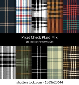 Pixel check plaid patterns set. Seamless tartan plaid for textile design. Grey, orange, brown, green, red, navy blue, white, black, gold, grey colors. Pattern swatches included.