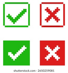 Pixel verificar direito e cruzar errado ícone vetor, símbolos retro clássicos para aprovação, negação ou seleção. para interfaces digitais, testes, ou projetos nostálgicos indicando escolhas corretas e incorretas.