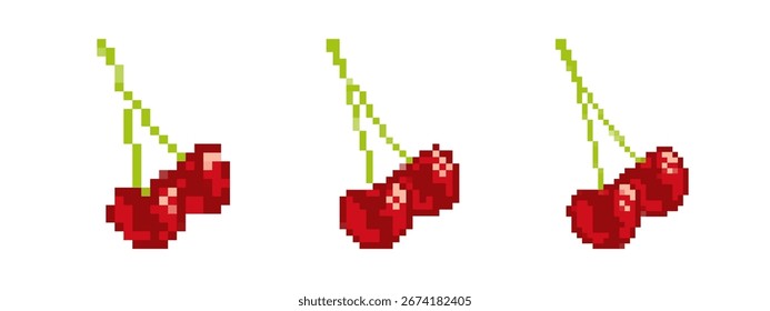 Cerezas de píxel con color rojo brillante y subgrupos verdes, que recuerdan al arte del juego vintage.