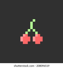 Pixel cherry. Fruit icon, for game, app, web, flyer, brochure, card, poster. Simple game symbol. Easy to edit. Vector illustration - EPS10.