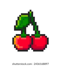 Pixel cherry isolated on white background. Pixelated sticker. Slot machine or video game item. Fruit icon. Vector pixel art illustration in 8 bit old style.