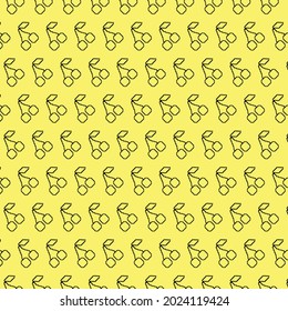 Pixel cherry pattern with black lines on a bright yellow background. Concept of old games.