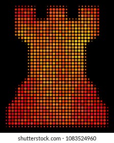 Pixel chess tower icon. Bright pictogram in hot color tinges on a black background. Vector halftone pattern of chess tower icon formed from spheric items.