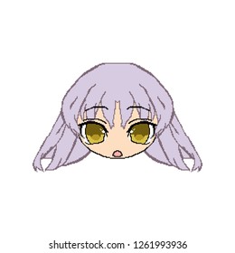 Pixel chibi girl with purple hair. Anime art. Coloring by squares. Sticker on the phone.