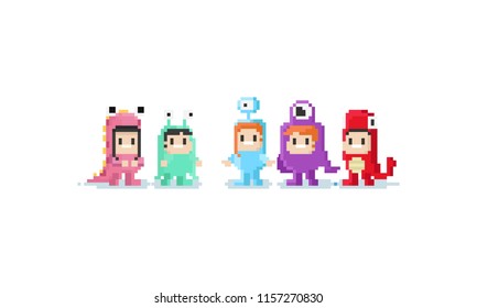 Pixel Children In Monster Costume.8bit Character.