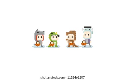 Pixel children in monster halloween costume.8bit character.