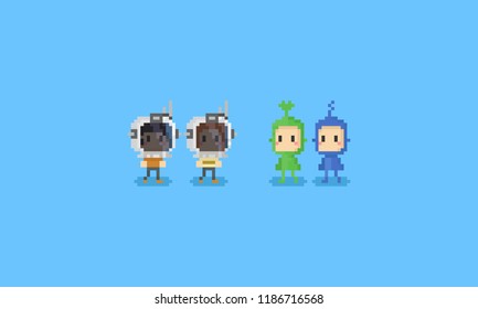 Pixel children wearing astronaut helmets and aliens costume.8bit.