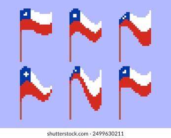 Pixel Chile flag icon set isolated. Waving flag of Chile in 8-bit retro graphics style from the 80s. Design in pixel art style for banners and posters. Vector illustration