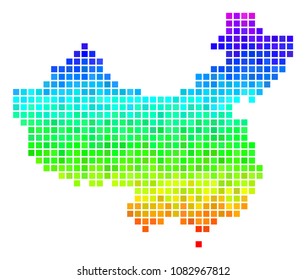 Pixel China map. Vector geographic scheme in bright spectral color shades with vertical gradient. Color vector mosaic of China map designed from square elements.