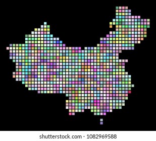 Pixel China map. Vector geographic map in smoothed random colors on a black background. Vector composition of China map made of regular rectangle elements.