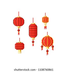 Pixel chinese lantern set.8bit.Chinese new year.