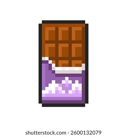 Pixel chocolate bar isolated on transparent background. Pixelated badge, game asset or computer arcade item. Chocolate in a purple package icon. Vector pixel art illustration in 16 bit old style.