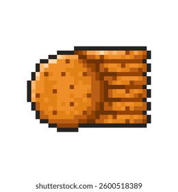 Pixel chocolate chip cookies icon isolated on transparent background. Pixelated badge, game asset or computer arcade item. Stack of cookies. Vector pixel art illustration in 16 bit old style.