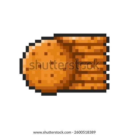 Pixel chocolate chip cookies icon isolated on transparent background. Pixelated badge, game asset or computer arcade item. Stack of cookies. Vector pixel art illustration in 16 bit old style.