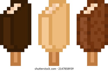 Pixel chocolate covered ice cream - classic, almond, white chocolate - isolated 8 bit vector