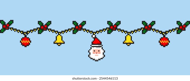 Pixel Christmas decorations, festive garland in pixel style. Pixel style holiday garland.