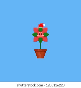 Pixel christmas flower with red hat.8bit