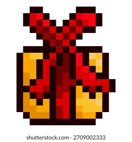 Pixel Natal ícone da caixa de presente em estilo retro 8 bits. Presente dourado com fita vermelha e arco para férias de inverno e cartões de cumprimentos de ano novo, jogos, adesivos e projetos de pixel festivos.